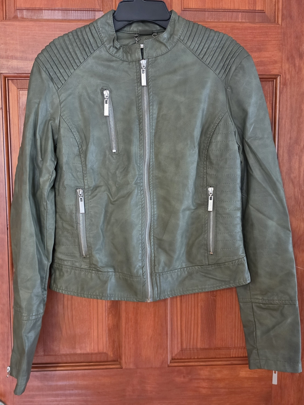 Jou Jou Olive Green Leather Moto Jacket with Quilted Shoulders